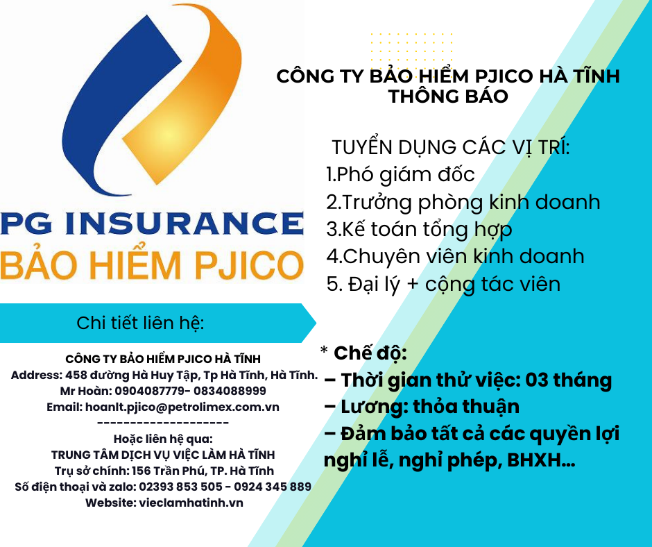 Công ty bảo hiểm PJICO Hà Tĩnh thông báo tuyển dụng