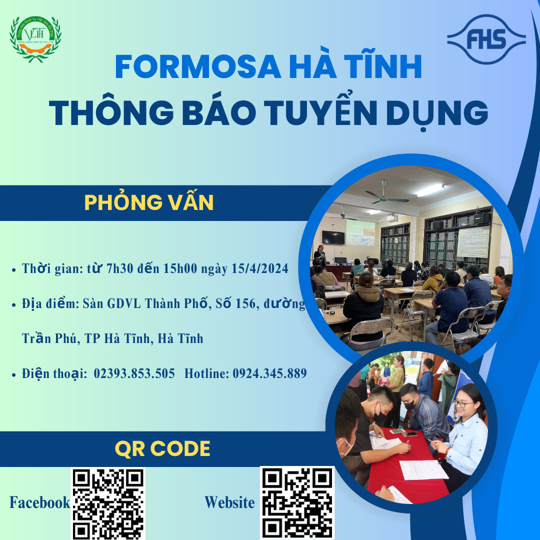 Formosa Hà Tĩnh thông báo tuyển dụng ngày 15/4/2024 tại Sàn GDVL Thành phố Hà Tĩnh