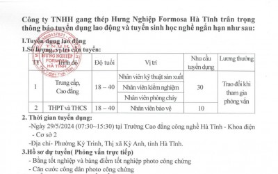 Formosa Hà Tĩnh tuyển dụng trực tiếp ngày 29/05/2024 - tại Trường Cao Đẳng Công...