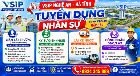 Vsip Nghệ An – Hà Tĩnh thông báo tuyển dụng nhiều vị trí hấp dẫn