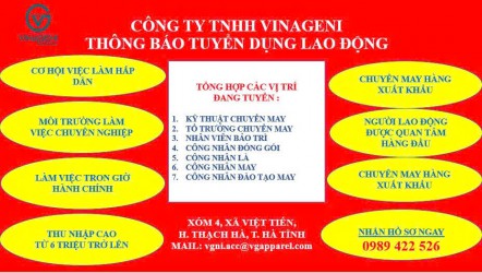 VINAGENI tuyển dụng 300 công nhân may