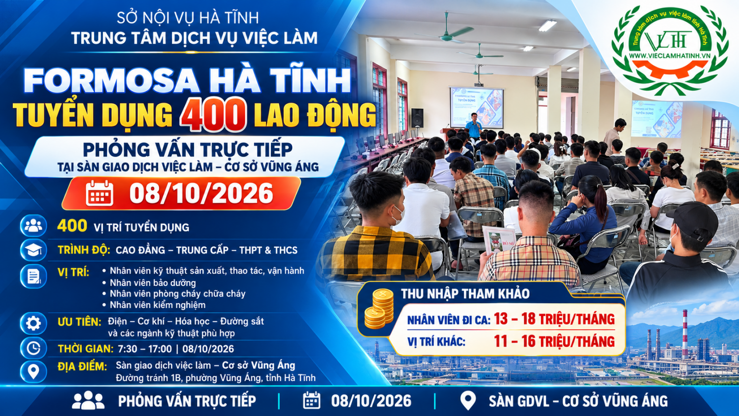 Formosa Hà Tĩnh tuyển dụng 400 lao động || Phỏng vấn trực tiếp ngày 08/10/2026 tại Sàn giao dịch việc làm - Cơ sở Vũng Áng