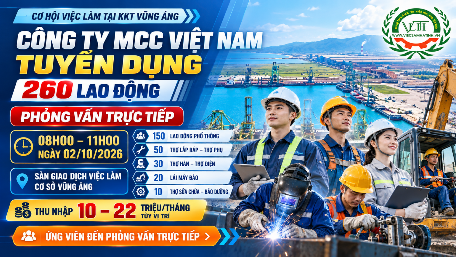 Công ty MCC Việt Nam tuyển 260 lao động || Thu nhập từ 10 -22 triệu/tháng – Phỏng vấn trực tiếp tại Sàn giao dịch việc làm Cơ sở Vũng Áng ngày 02/10/2026