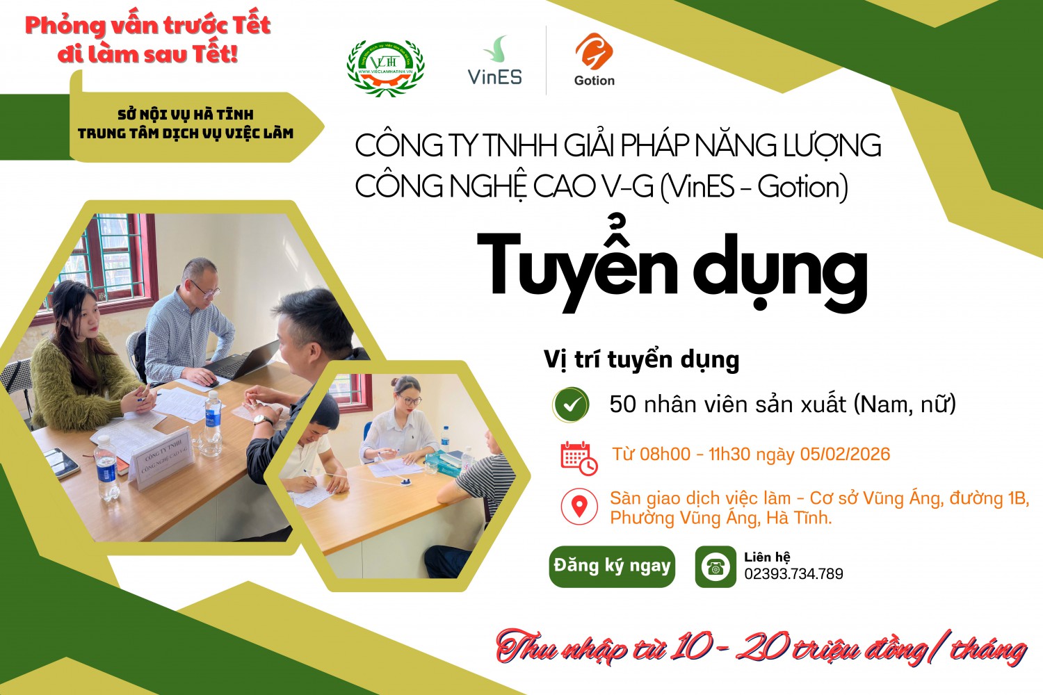 VinES - Gotion tuyển dụng lao động với mức thu nhập từ 10 - 20 triệu đồng/tháng