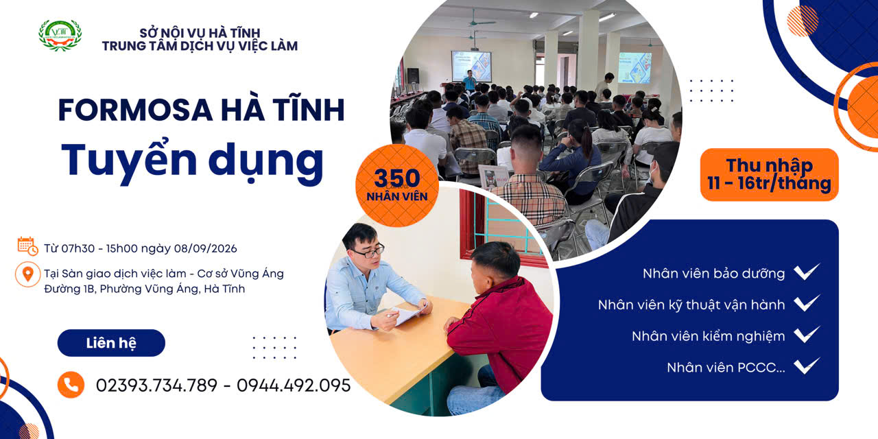 Formosa Hà Tĩnh tuyển dụng trực tiếp ngày 08/9/2026 tại Sàn giao dịch việc làm - Cơ sở Vũng Áng