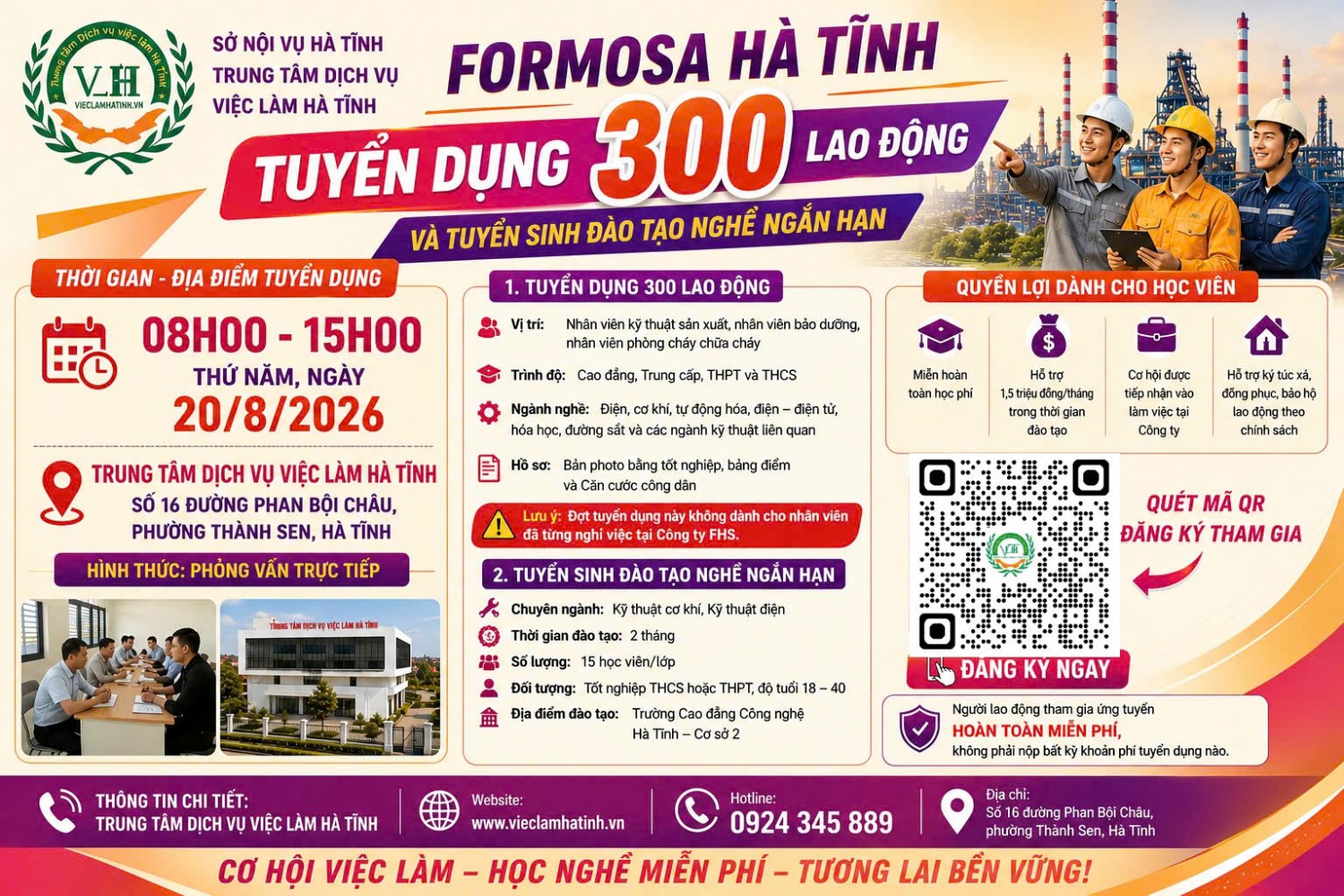 Formosa Hà Tĩnh tuyển dụng 300 lao động và tuyển sinh đào tạo nghề ngắn hạn