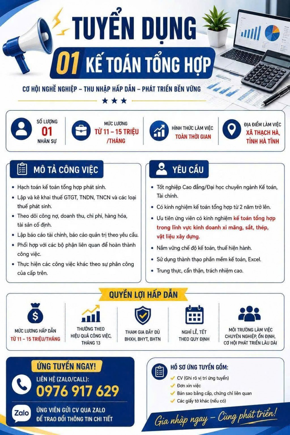 Tuyển dụng kế toán tổng hợp, thu nhập 11 -15 triệu đồng/tháng