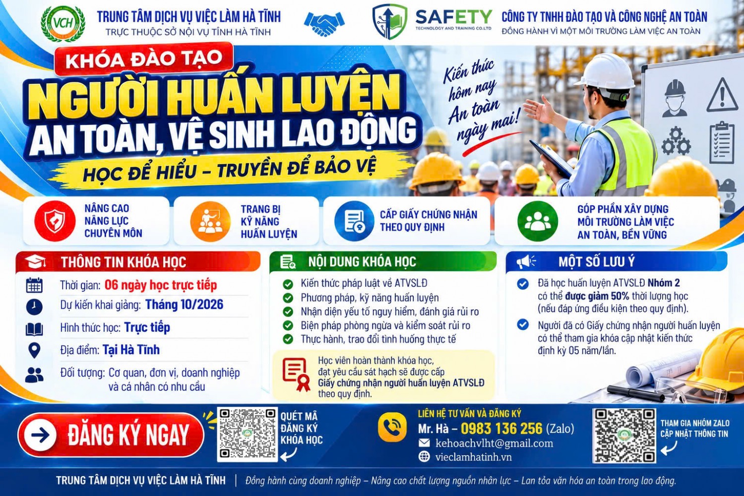 Tổ chức khóa đào tạo người huấn luyện an toàn, vệ sinh lao động tháng 10/2026