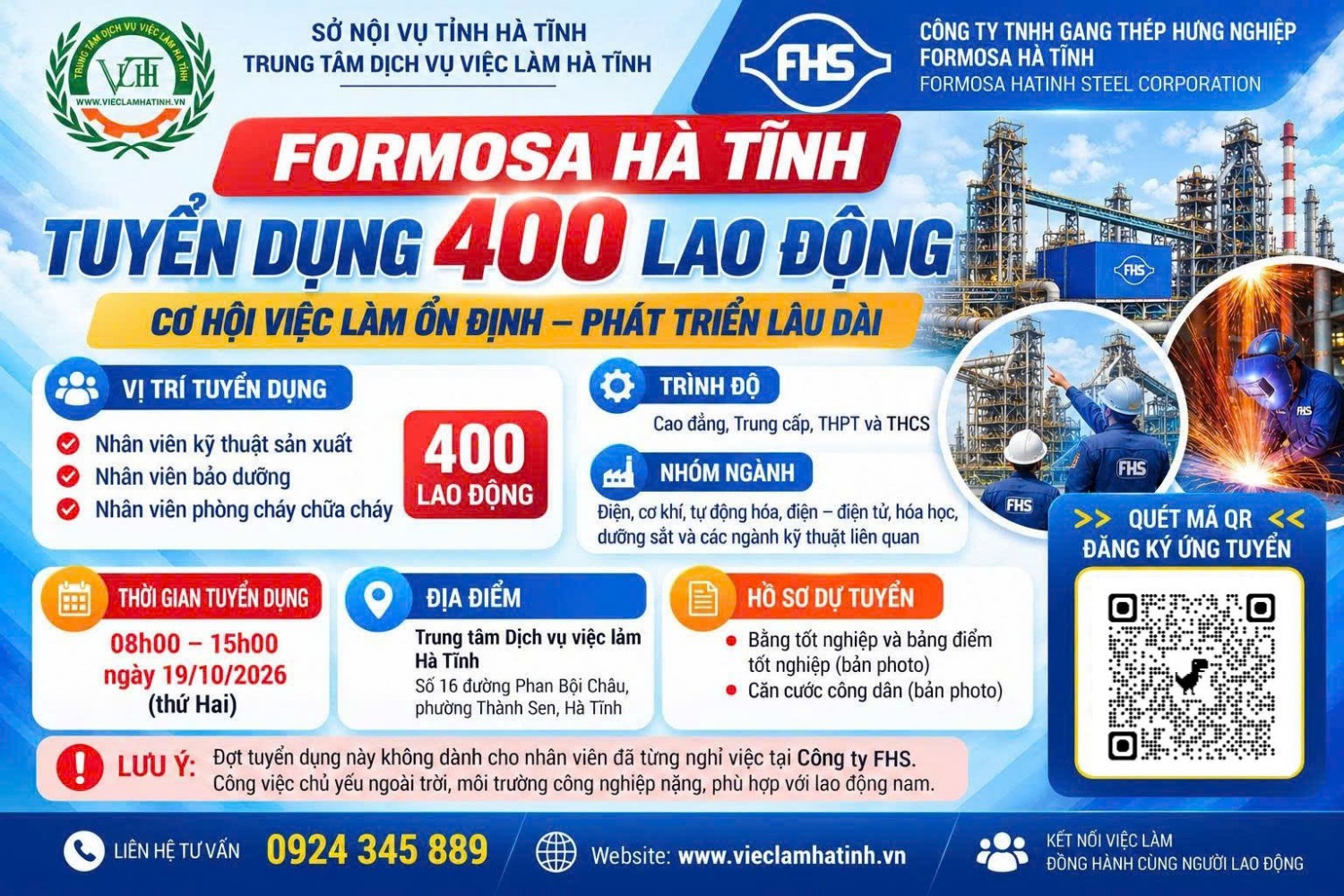 Formosa Hà Tĩnh tuyển dụng trực tiếp 400 lao động tại Trung tâm Dịch vụ việc làm Hà Tĩnh