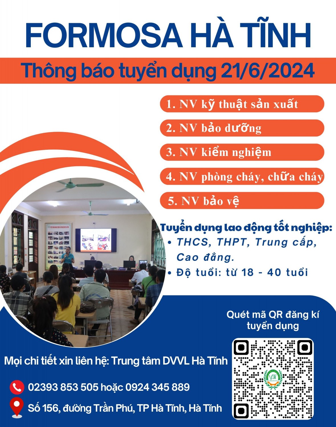 Formosa Hà Tĩnh thông báo tuyển dụng ngày 21/6/2024 tại Sàn GDVL Thành phố Hà Tĩnh
