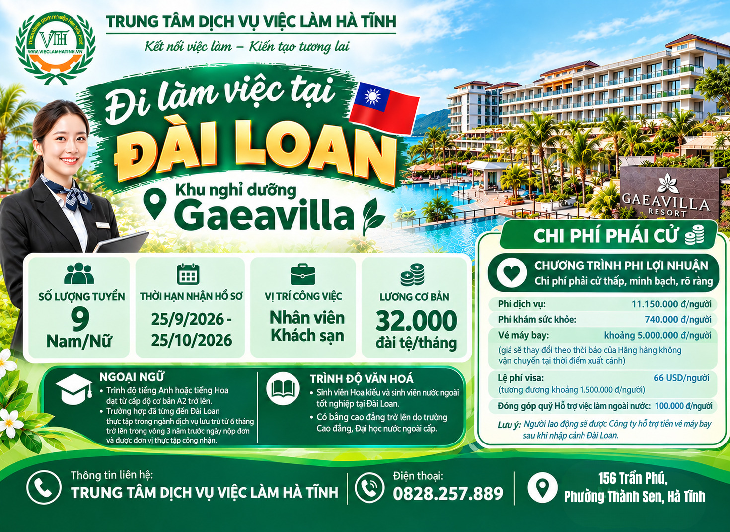 Tuyển Nhân viên làm việc tại Khu nghỉ dưỡng Gaeavilla - Đài Loan