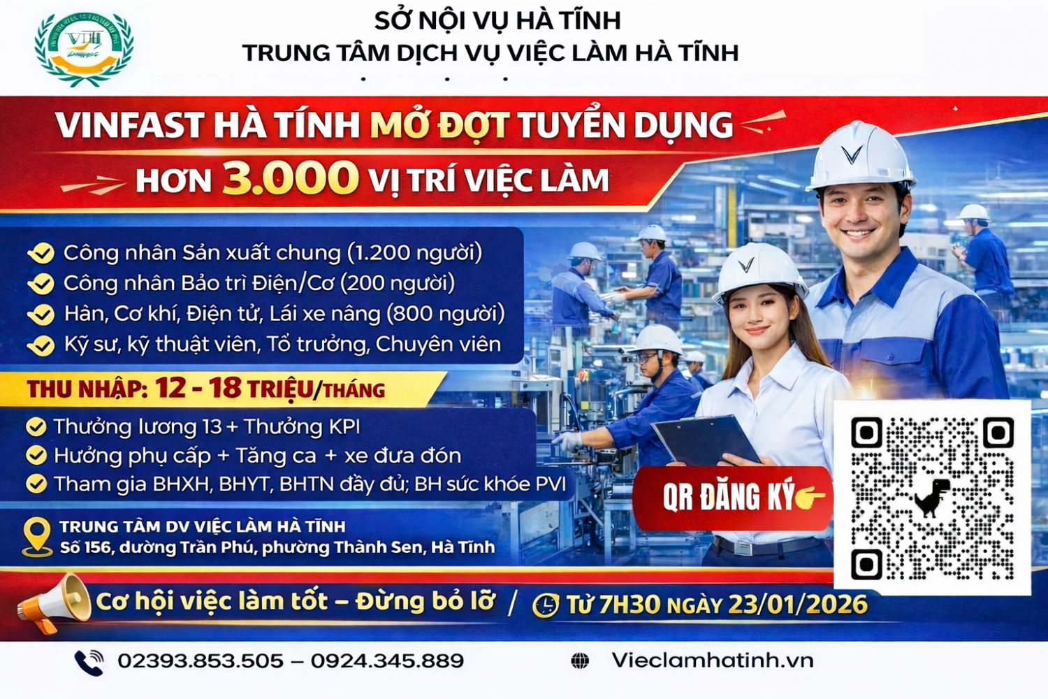 Vinfast Hà Tĩnh tuyển dụng tại Trung tâm DVVL Hà Tĩnh ngày 23/01/2026