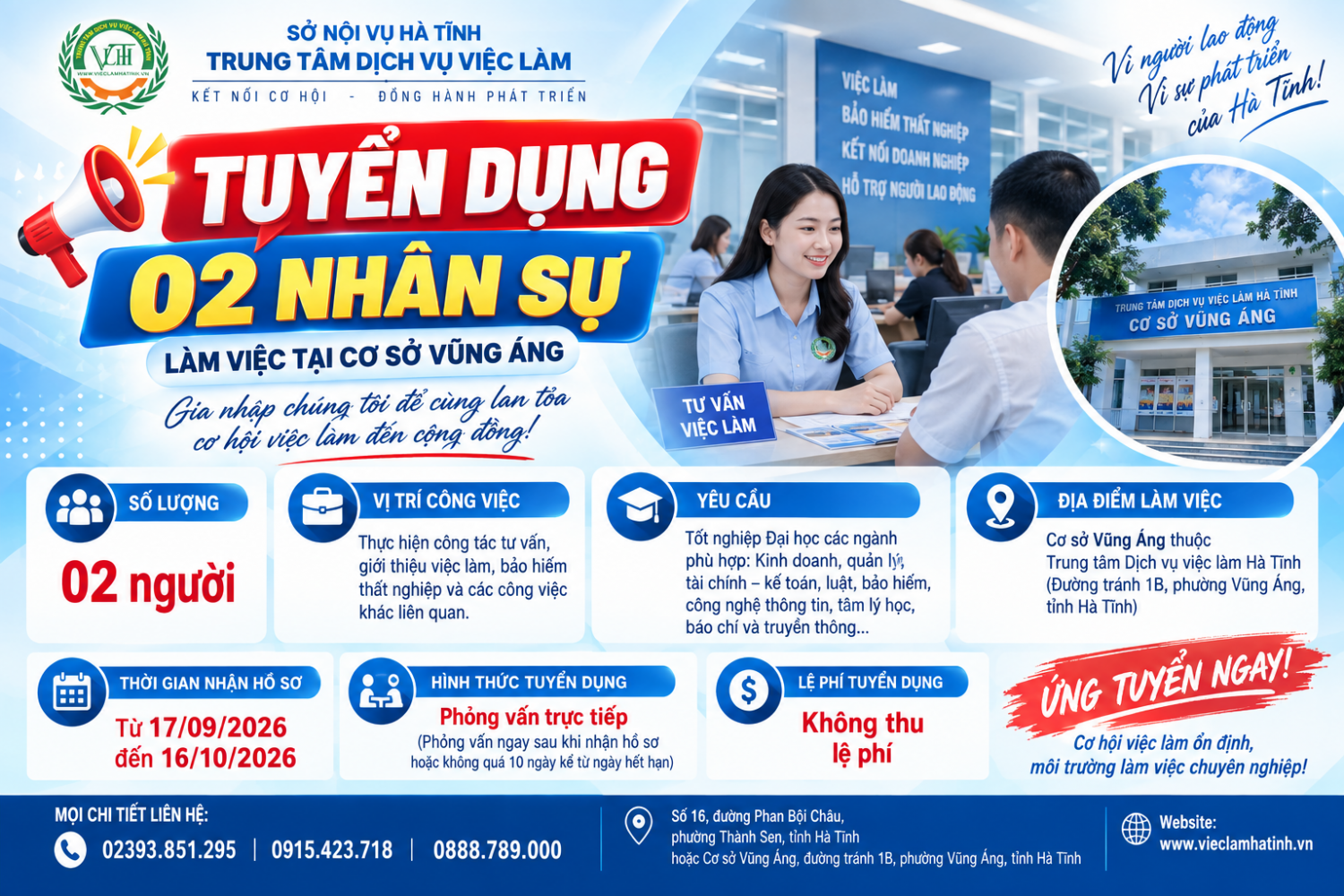 Trung tâm Dịch vụ việc làm Hà Tĩnh tuyển dụng 02 nhân sự làm việc tại Cơ sở Vũng Áng