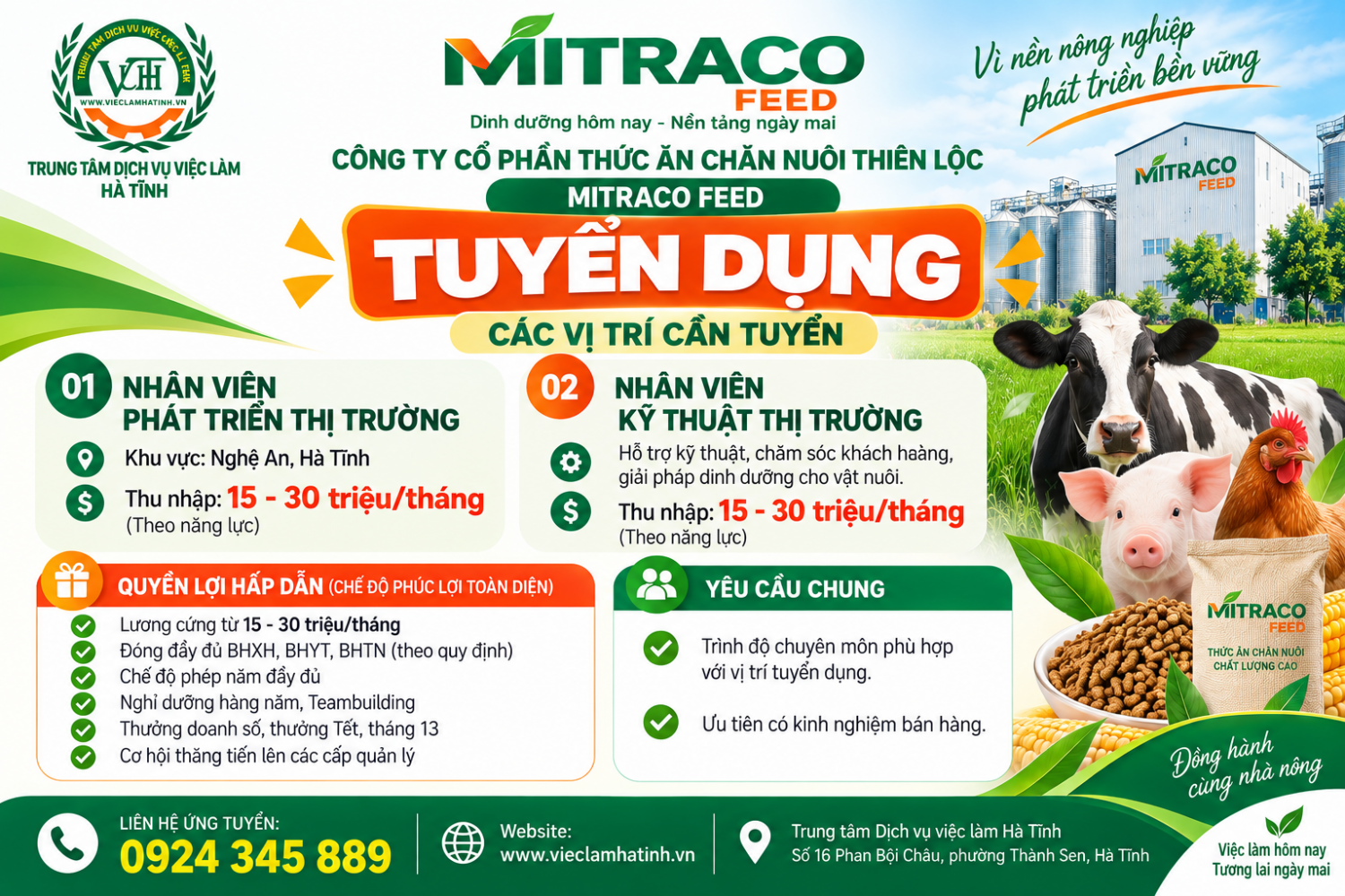 Mitraco Feed tuyển dụng 2 vị trí, thu nhập 15–30 triệu đồng/tháng