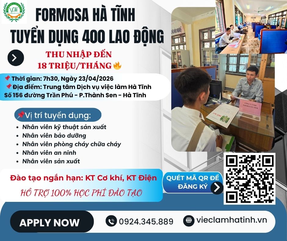 Formosa Hà Tĩnh tuyển dụng 400 lao động - Thu nhập lên đến18 triệu/tháng