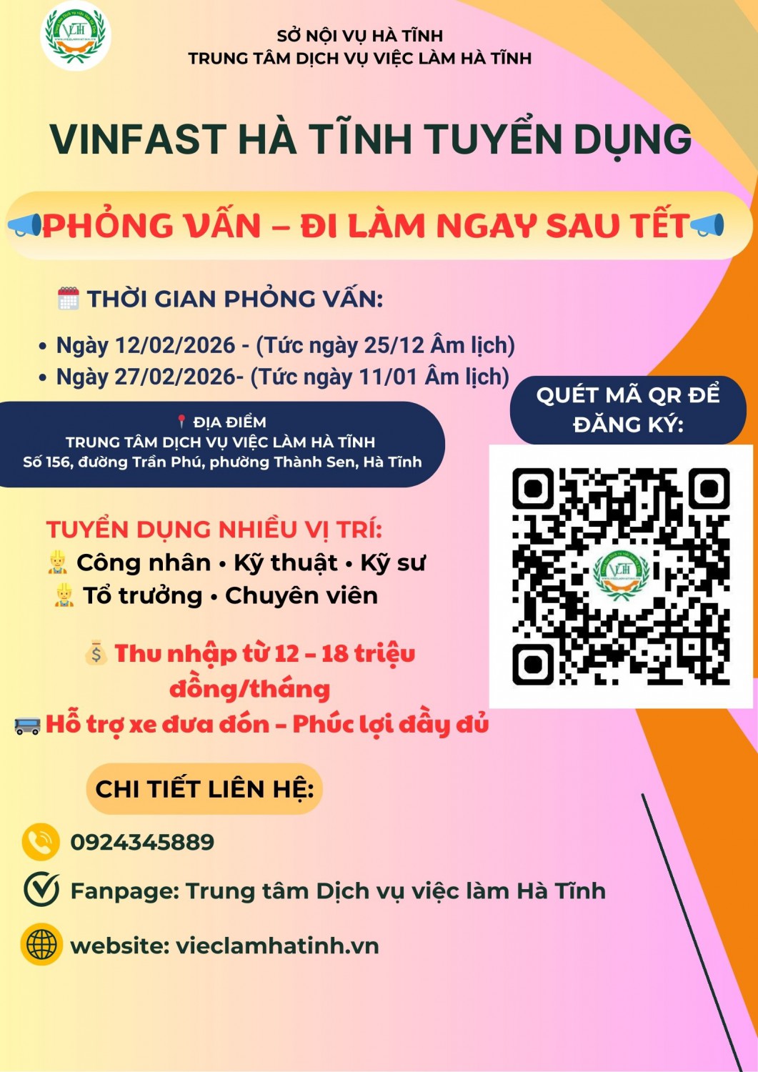 Vinfast Hà Tĩnh tuyển dụng trong tháng 2/2026 - Phỏng vấn đi làm ngay sau tết