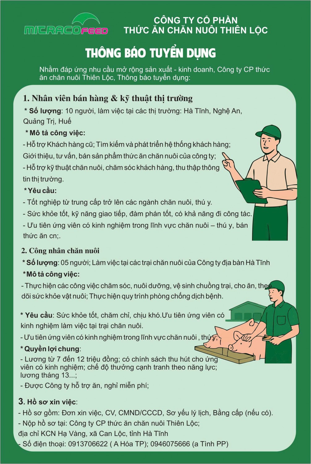 Công ty CP Thức ăn chăn nuôi Thiên Lộc thông báo tuyển dụng