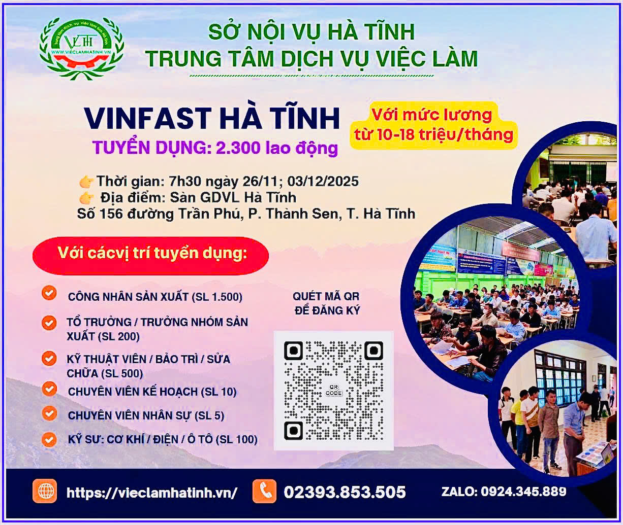 Vinfast Hà Tĩnh thông báo tuyển dụng trực tiếp tại Trung tâm DVVL Hà Tĩnh
