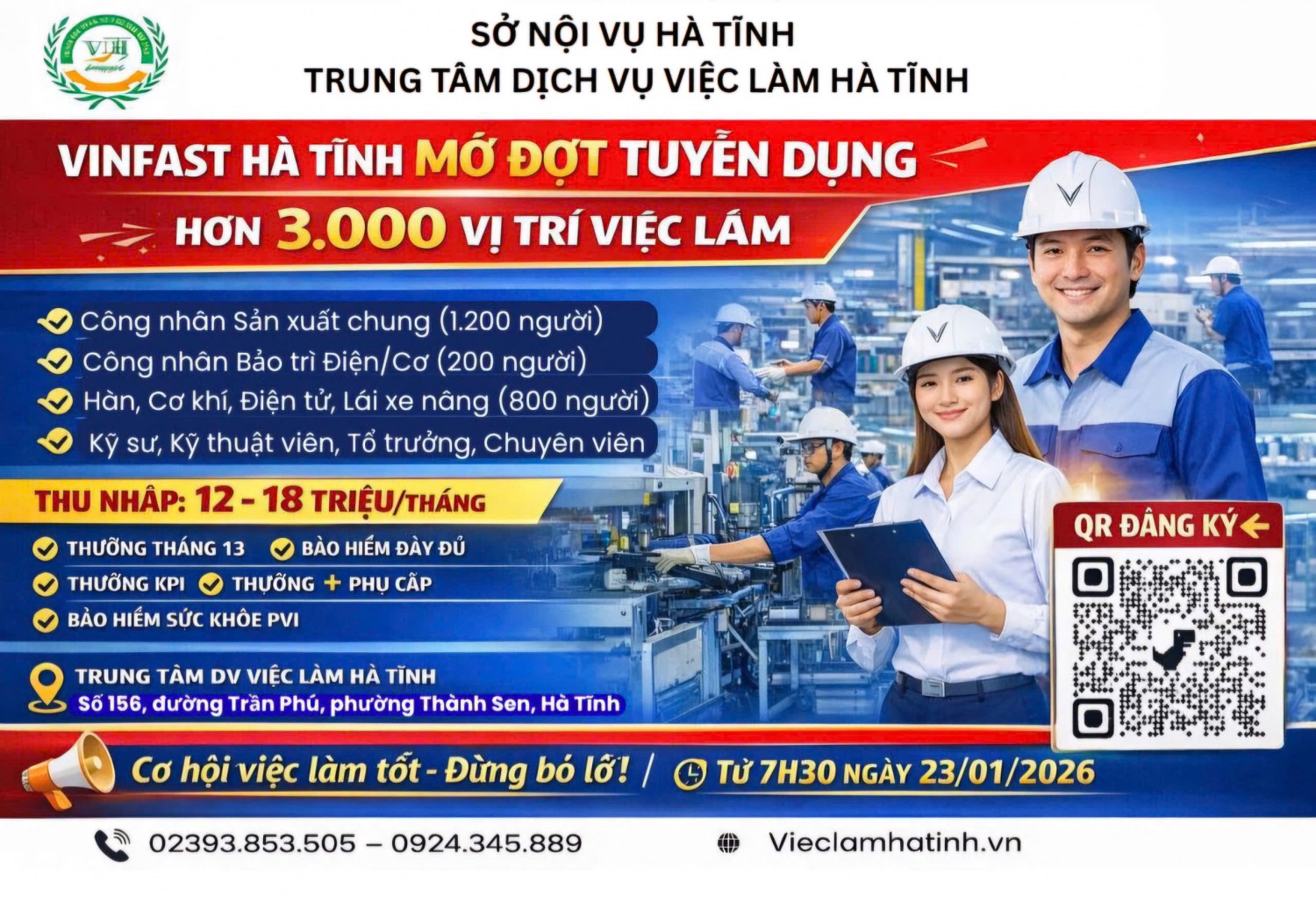 Vinfast Hà Tĩnh tuyển dụng tại Trung tâm DVVL Hà Tĩnh ngày 23/01/2026