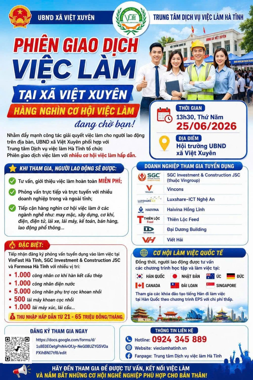 Phiên giao dịch việc làm tại xã Việt Xuyên diễn ra vào ngày 25/6/2026